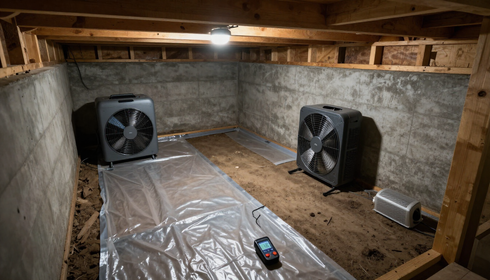 Basement crawlspace lined with plastic, two fans, and a small device on the floor under exposed beams