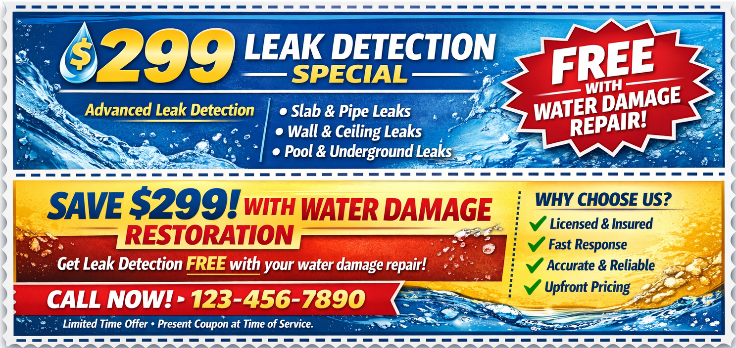 Leak detection ad: $299 special, free water damage repair, blue and red banner, call now.