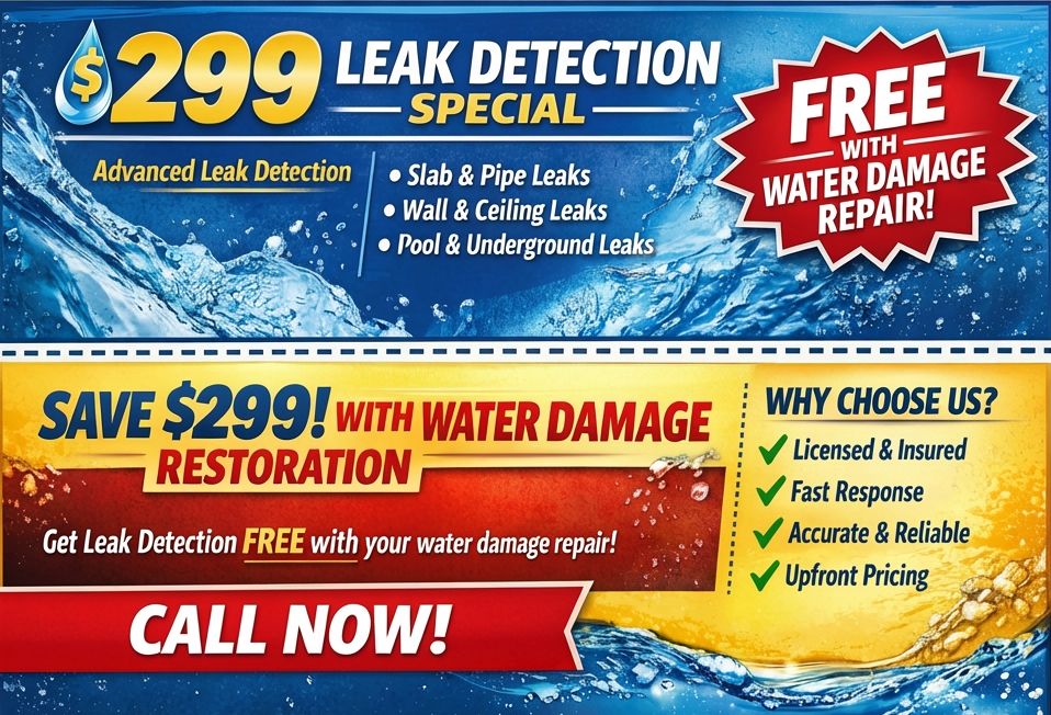 Water leak detection ad with $299 special, free water damage repair, and call now banner