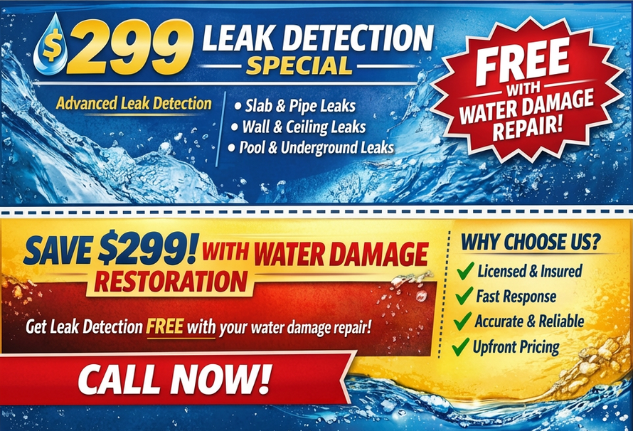 Water leak detection ad with $299 special, free water damage repair, and call now banner