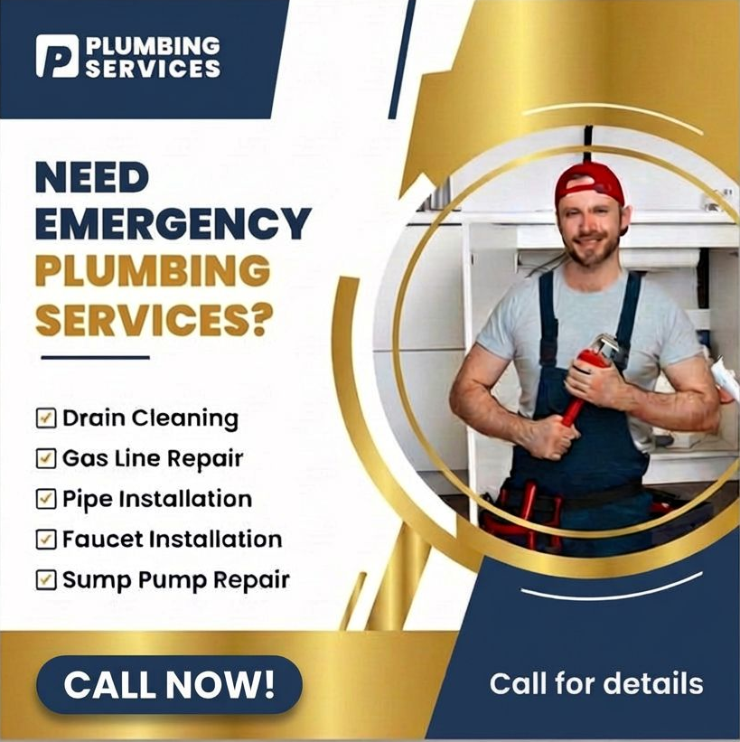 Plumbing services ad with a plumber holding tools, gold and navy design, and a call now button