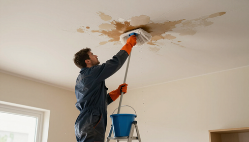 Person using a paint roller to cover a damaged ceiling in a room with a blue bucket below.