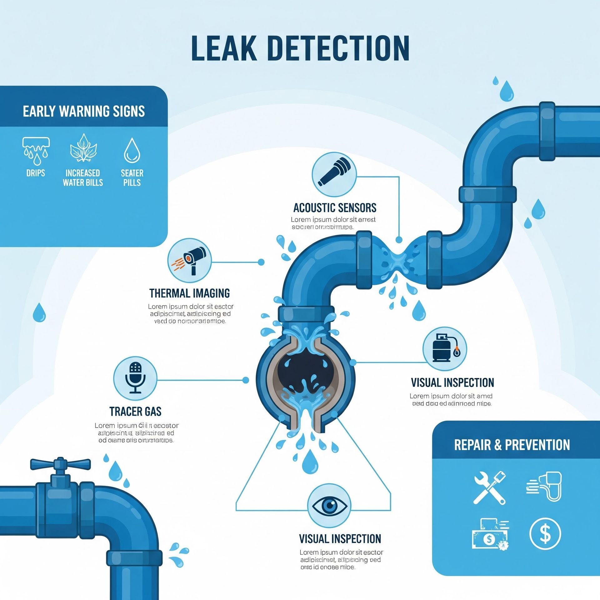 Leak detection infographic showing blue pipes with warning signs, sensor checks, and repair/prevention tips