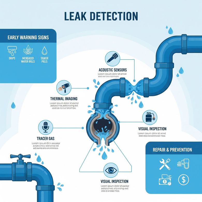 Leak detection infographic showing blue pipes with warning signs, sensor checks, and repair/prevention tips