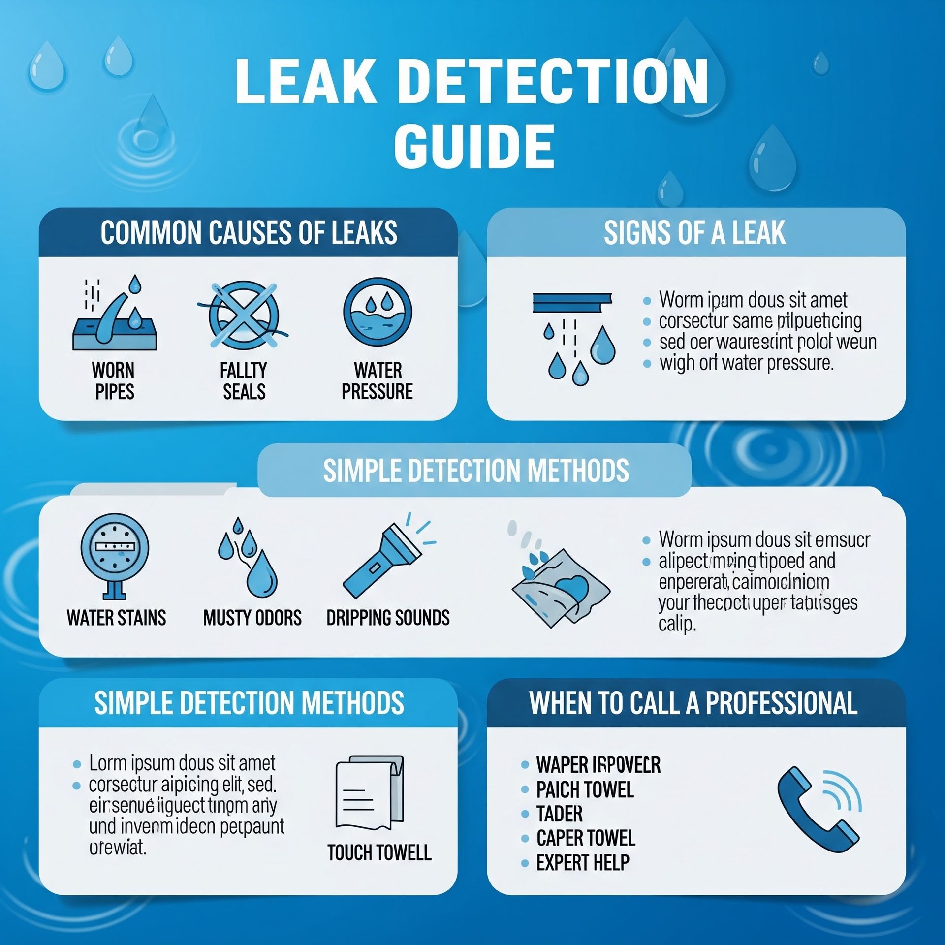 Leak detection guide infographic in blue, showing causes, signs, simple methods, and when to call a professional.