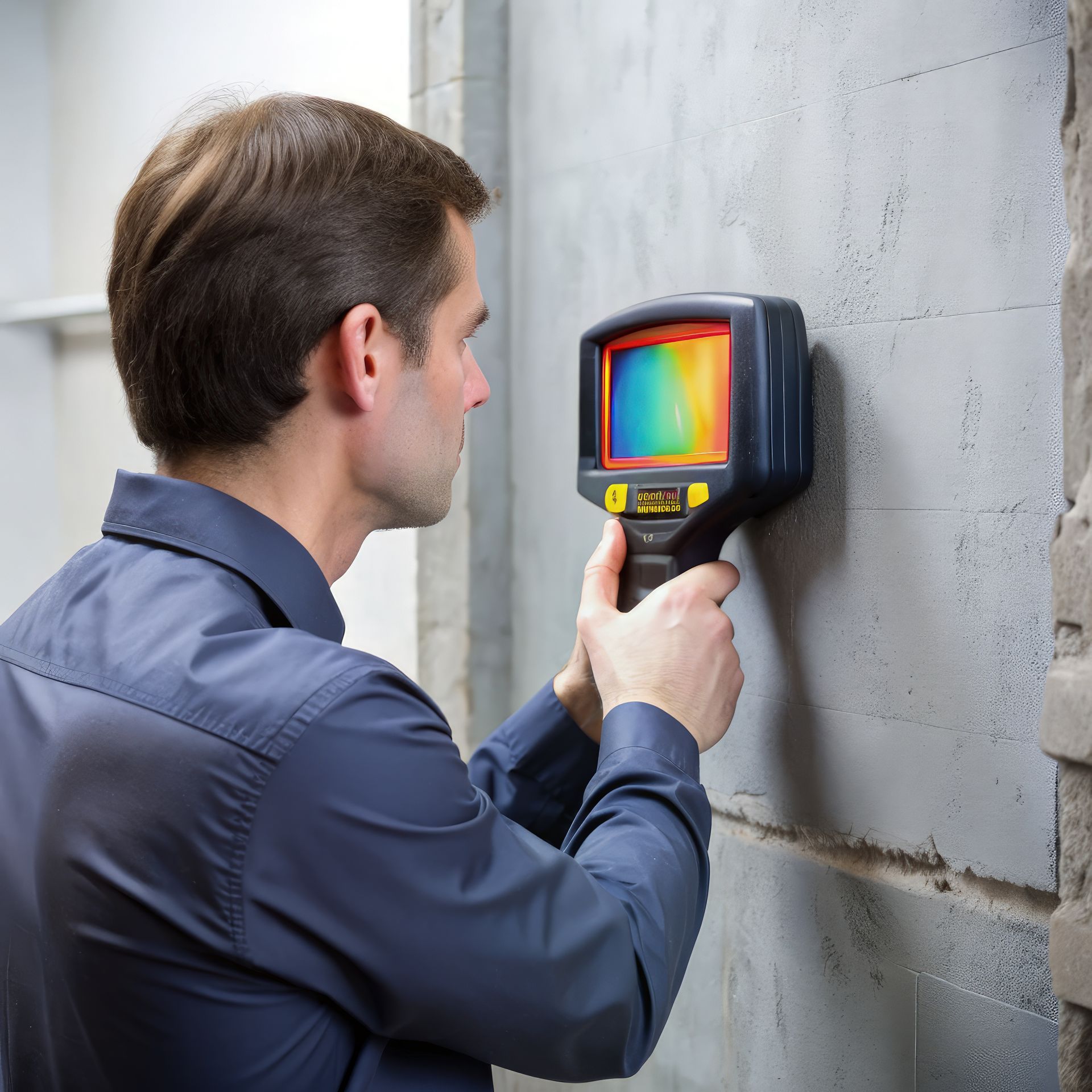 Technician using a thermal imaging camera to inspect a concrete wall.