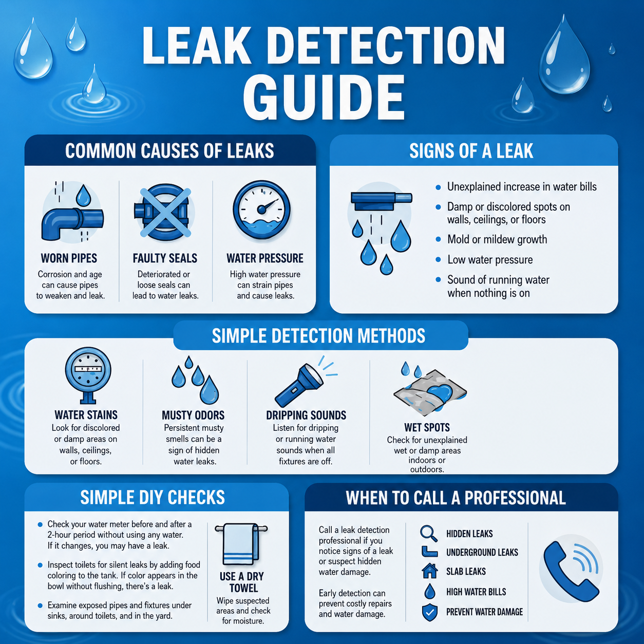 Blue leak detection infographic with causes, signs, simple checks, and when to call a professional.