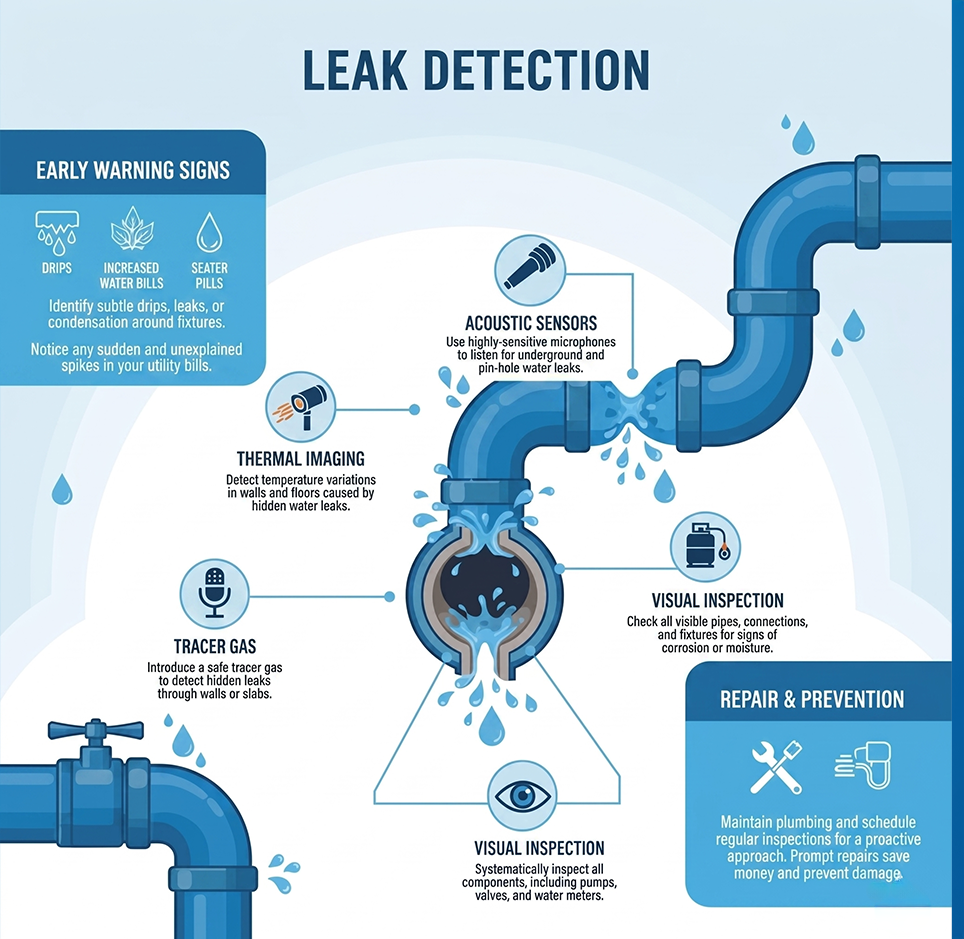 Leak detection infographic showing blue pipes with warning signs, sensor checks, and repair/prevention tips