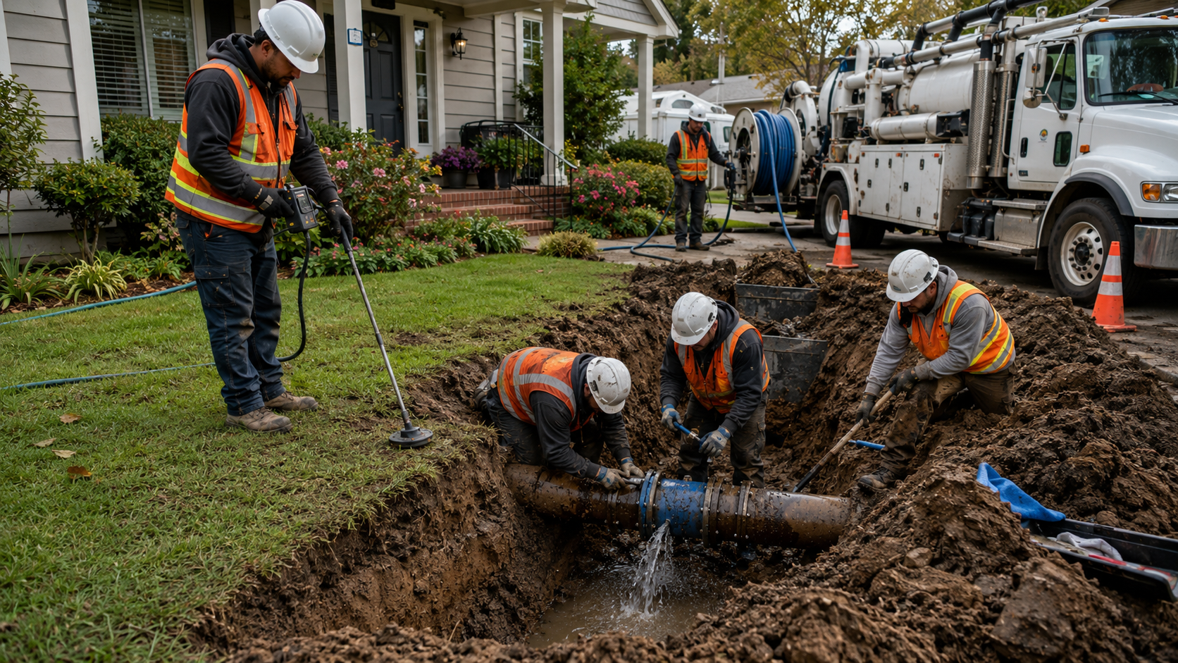 Leak detection infographic showing blue pipes with warning signs, sensor checks, and repair/prevention tips