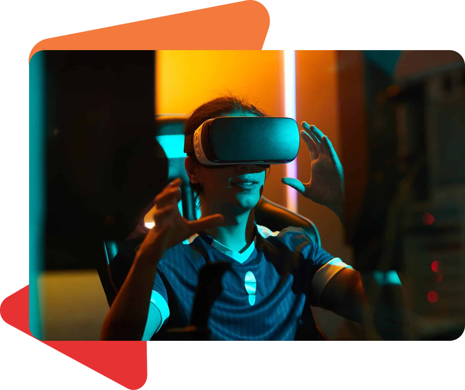A person wearing a VR headset, gesturing with both hands in a dimly lit, blue and orange-toned room.