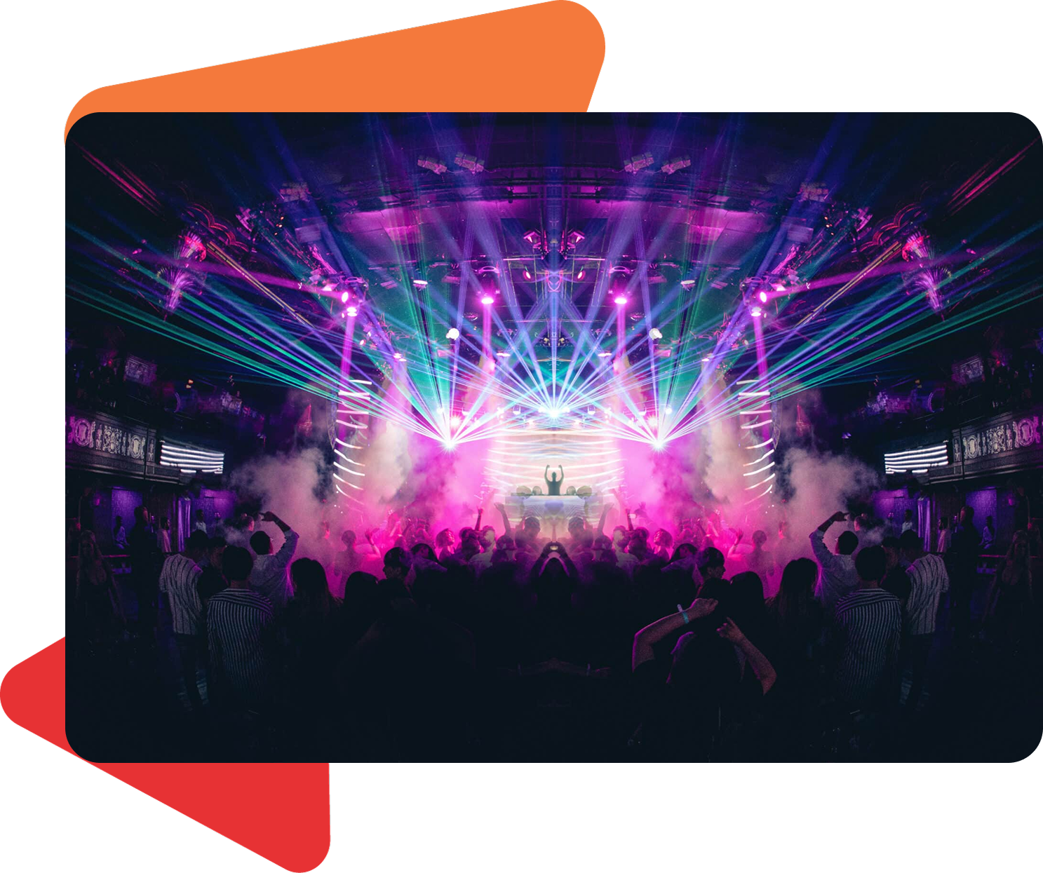 A crowd of people dances in a dark nightclub filled with bright, colorful laser lights and stage fog.