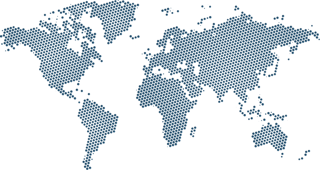 A world map composed of a pattern of small, repeating blue circles against a white background.