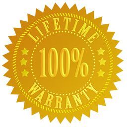 A gold lifetime warranty seal with stars on a white background.