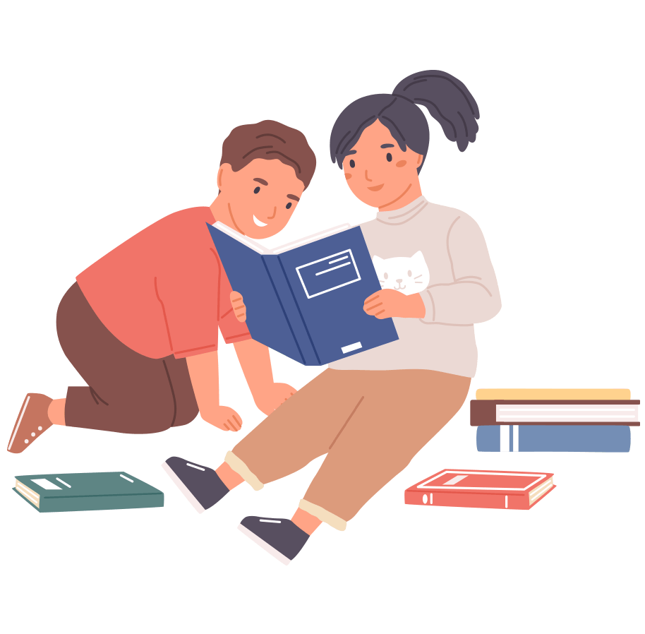 An illustration of two children reading.