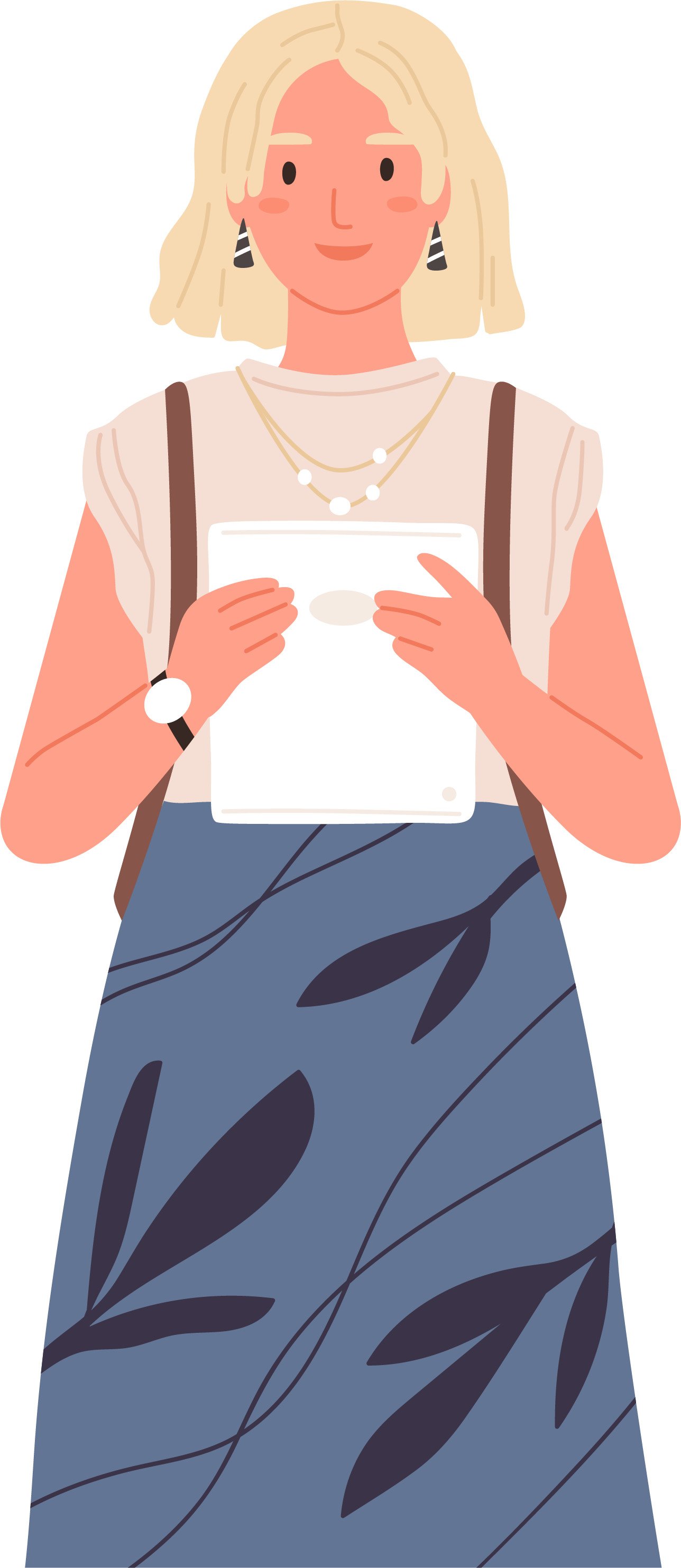 An illustration of a tutor holding an iPad.