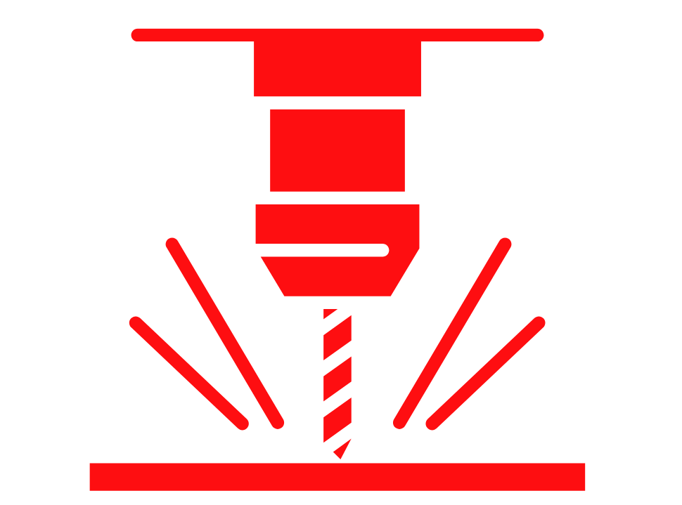 A red icon of a drill bit cutting a hole in a piece of metal.
