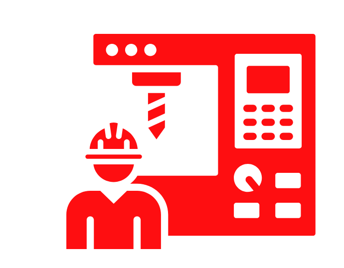 A red icon of a man wearing a hard hat standing next to a machine.