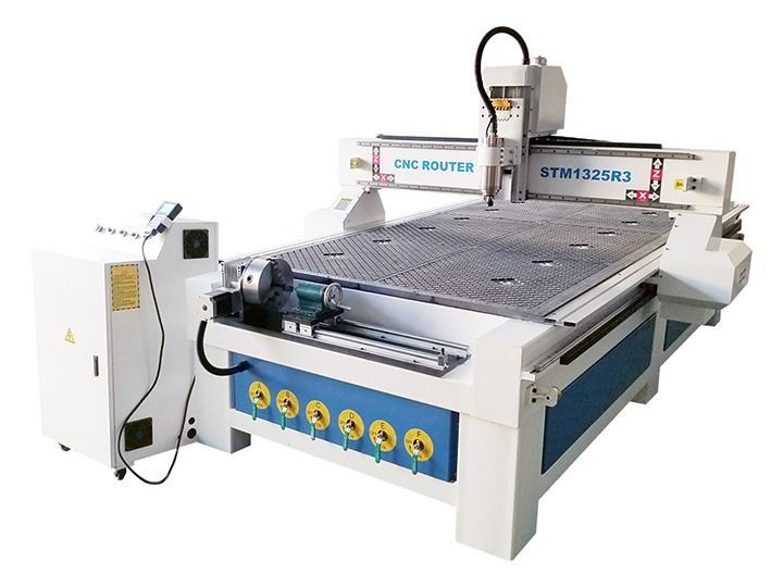 CNC router machine, white and blue, for cutting materials, with a metal table.
