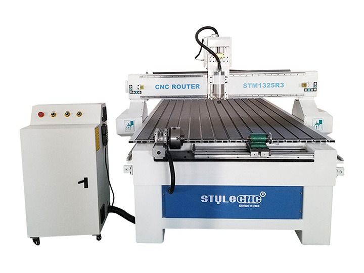 CNC router machine, white and blue, with a control box, used for cutting materials.