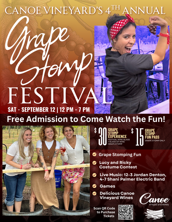Canoe Vineyards Grape Stomp Festival poster with two people stomping grapes and event details