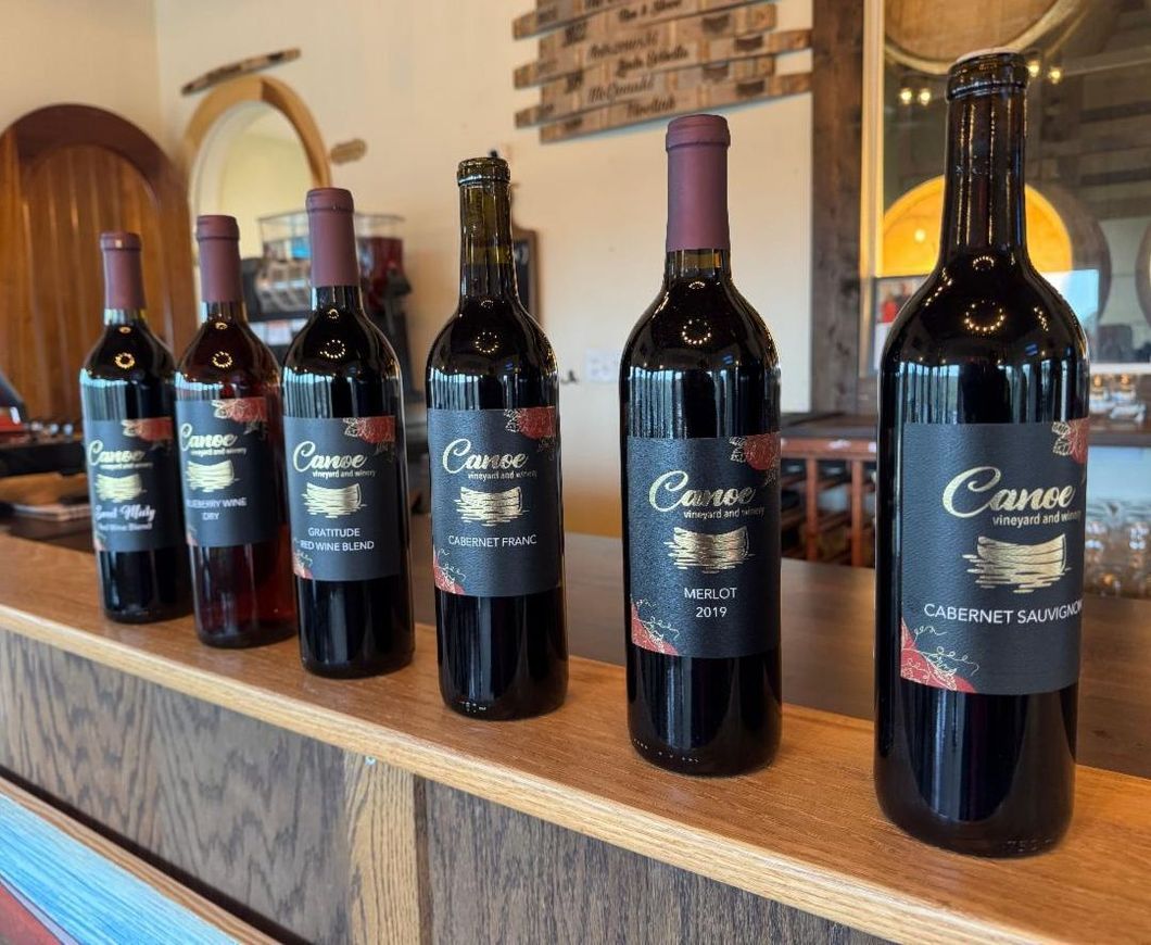 Several bottles of canne wine are lined up on a counter