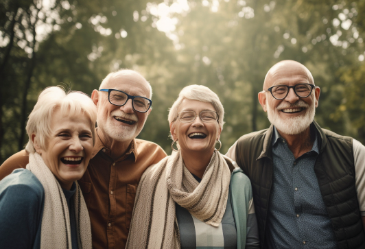 Four smiling people in a green outdoor setting, wearing scarves, and eyeglasses.
