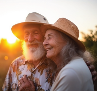 Couple wearing hats, smiling, embracing in golden sunlight.