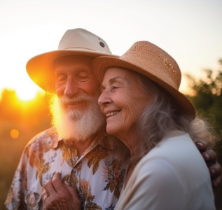 Couple wearing hats, smiling, embracing in golden sunlight.