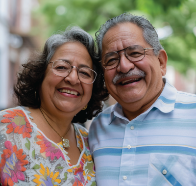 Smiling couple outdoors; the woman wears a floral top and glasses, and the man has a mustache and glasses.