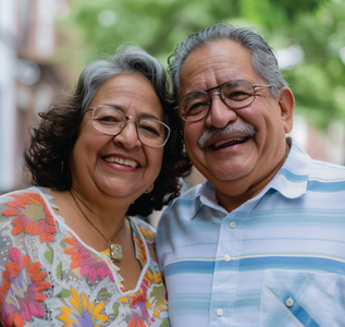 Smiling couple outdoors; the woman wears a floral top and glasses, and the man has a mustache and glasses.