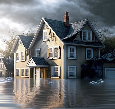 A flooded house with a garage in the background