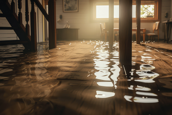A living room is flooded with water and a couch and chair are floating in the water.