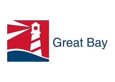 The logo for great bay shows a lighthouse and waves.