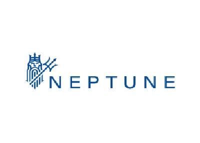 A blue logo for neptune with an owl and trident on a white background.