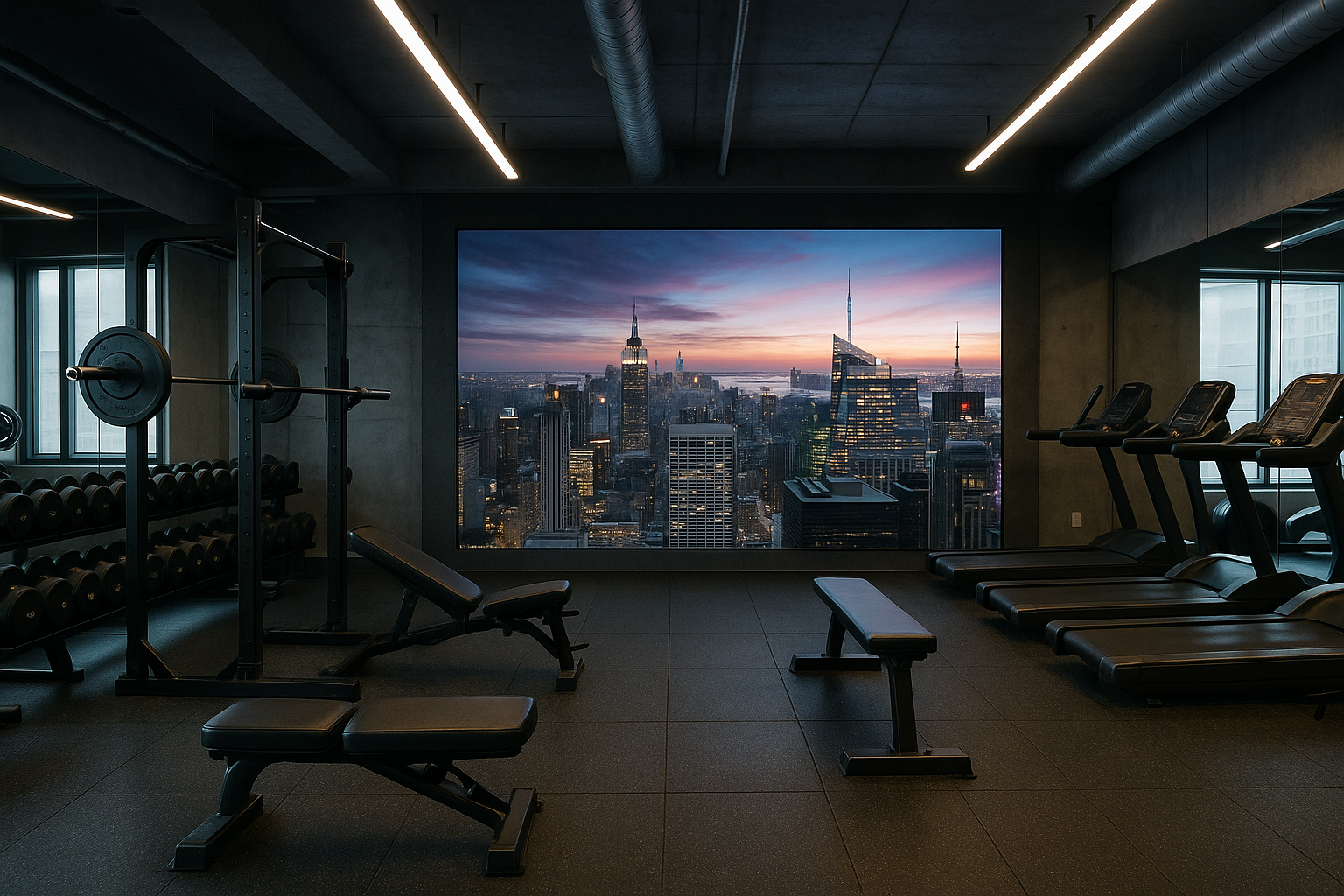 Interior de gimnasio con estantería para pesas, bancos, cintas de correr y mural del horizonte de la ciudad.