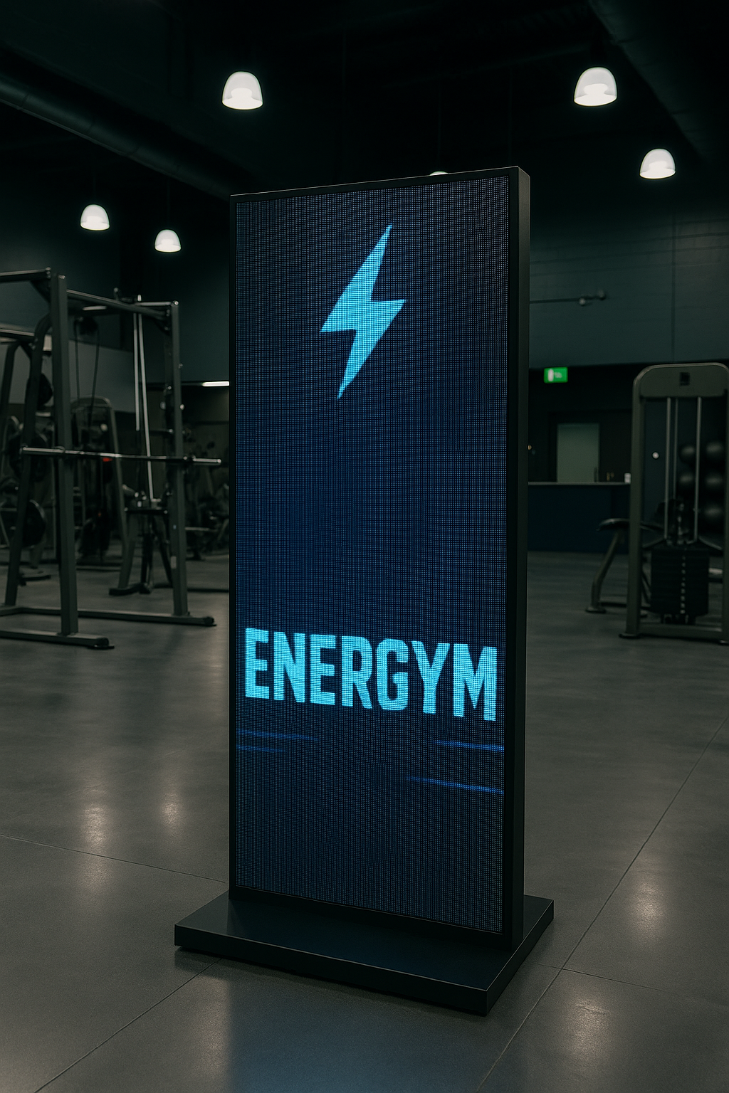Un letrero digital en un gimnasio muestra un rayo azul y el texto 