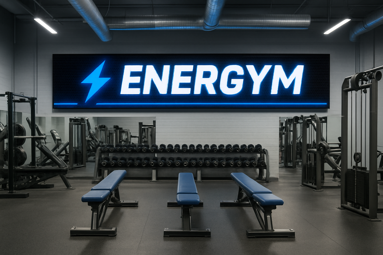 Interior del gimnasio Energy Gym con bancos de pesas, soporte para mancuernas y máquinas de ejercicio bajo un letrero.