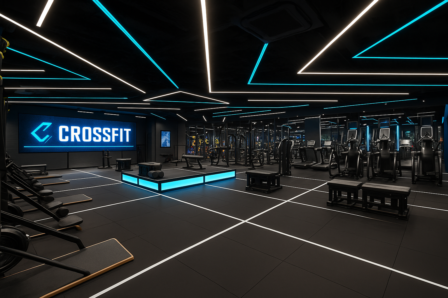 Interior de un gimnasio de CrossFit con equipamiento negro, luces de neón azules y blancas y un escenario.