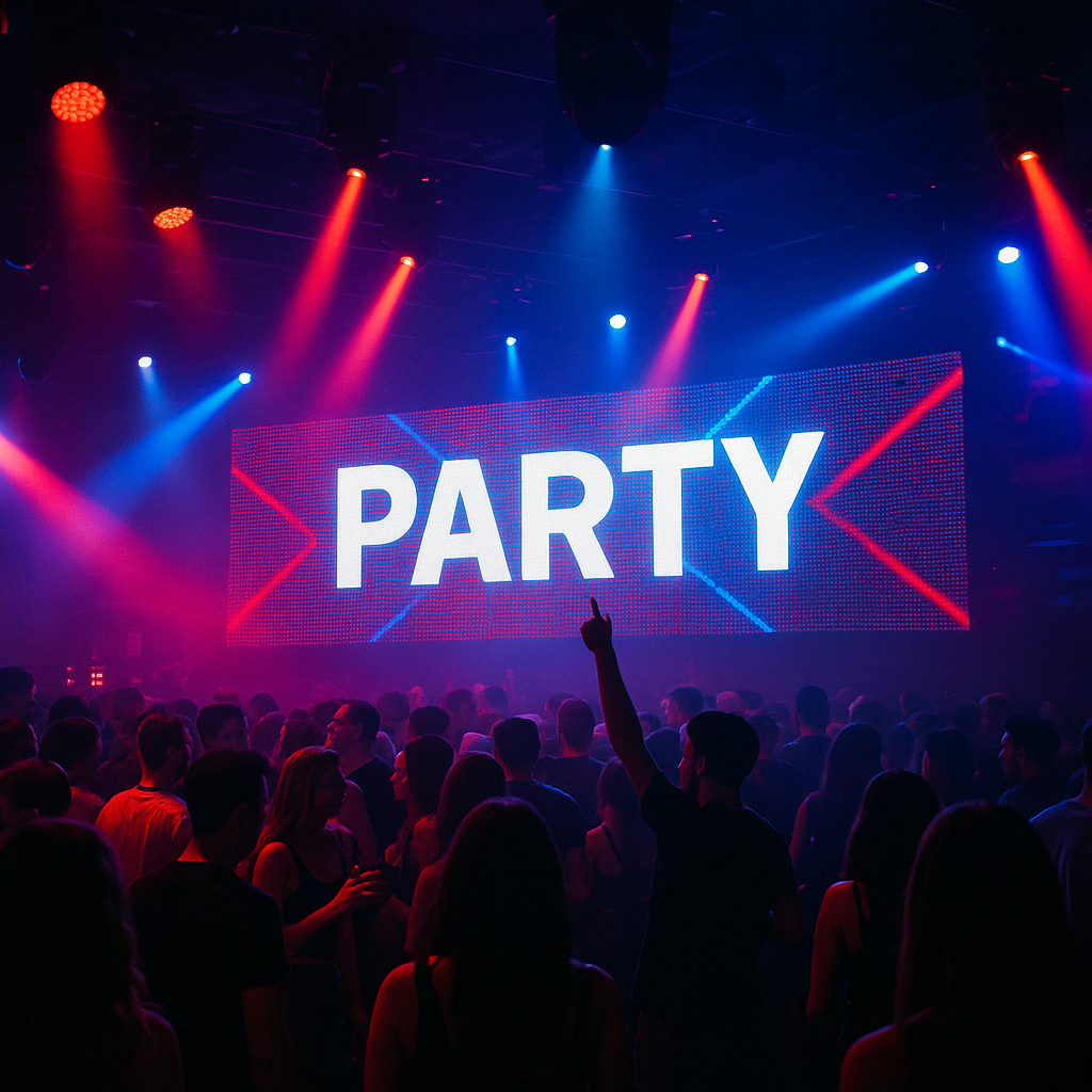 Multitud en una fiesta con un gran letrero de 