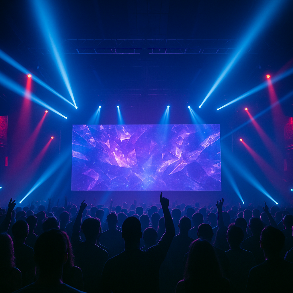 Escenario de concierto con pantalla gigante, luces azules y rojas brillantes y público que vitorea con las manos en alto.