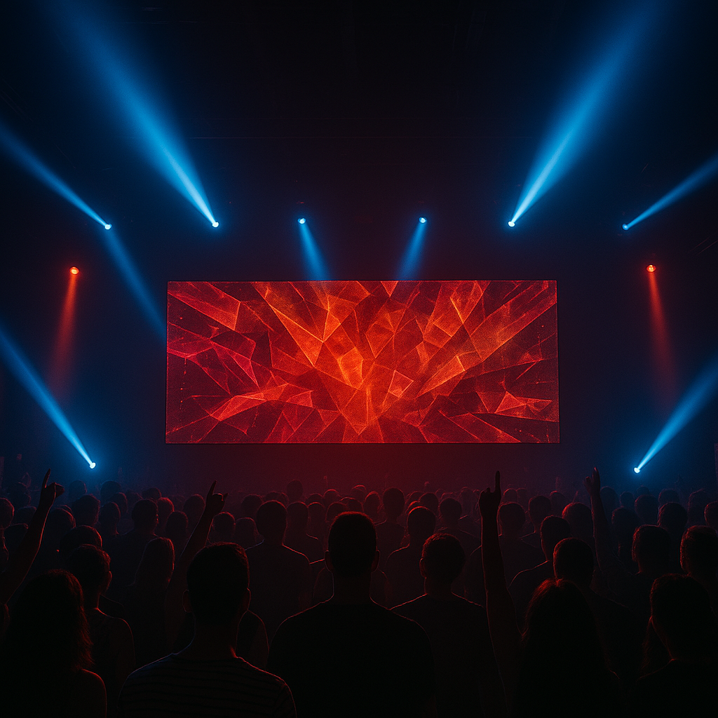 Escenario de concierto con gran pantalla roja, focos azules y rojos, y público con los brazos en alto.