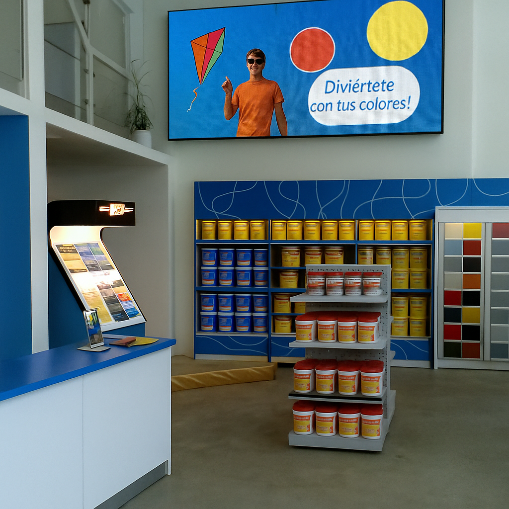 Interior de una tienda de pinturas con expositores azules y blancos