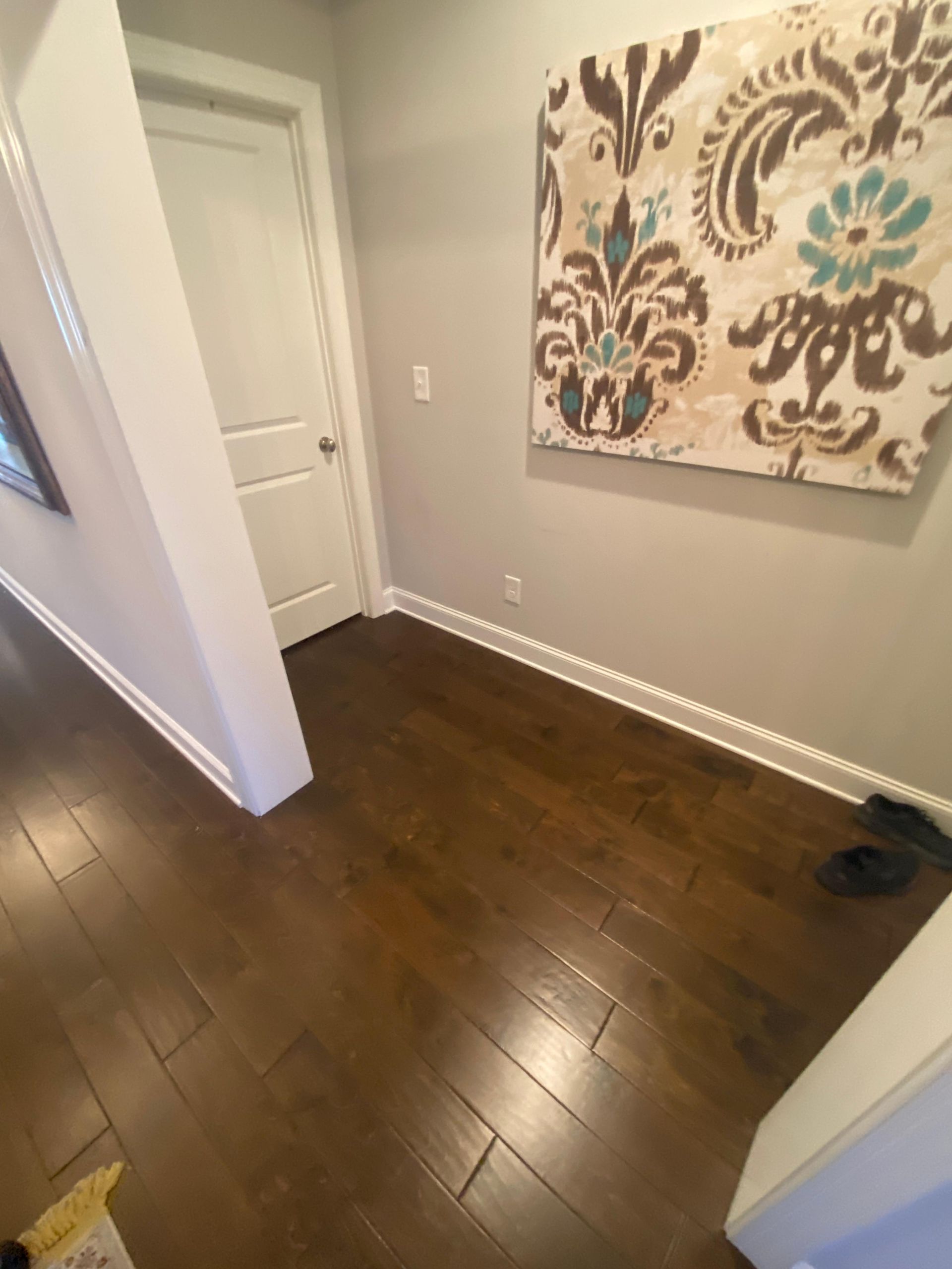 A hallway with hardwood floors and a painting on the wall.