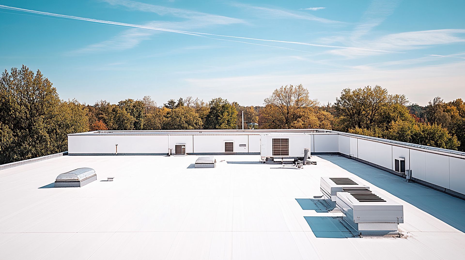 View from a rooftop with white surface, equipment, and trees in the background under a blue sky with a few clouds.