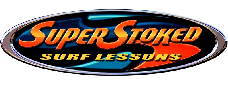 Logo for "Super Stoked Surf Lessons" in an oval shape with orange and blue colors.