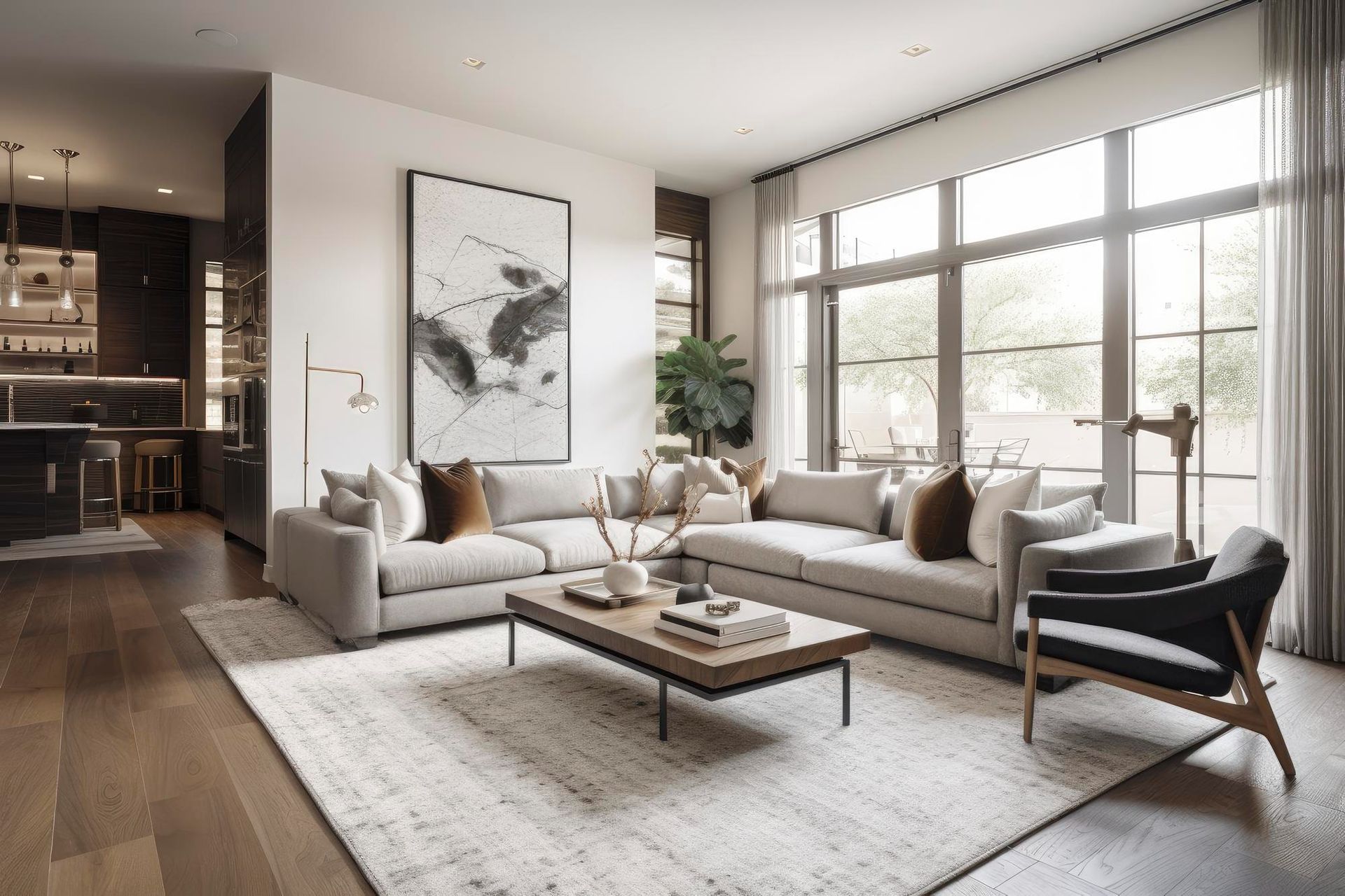 a living room with a couch , chair , coffee table and large windows. Port Macquarie Renovations