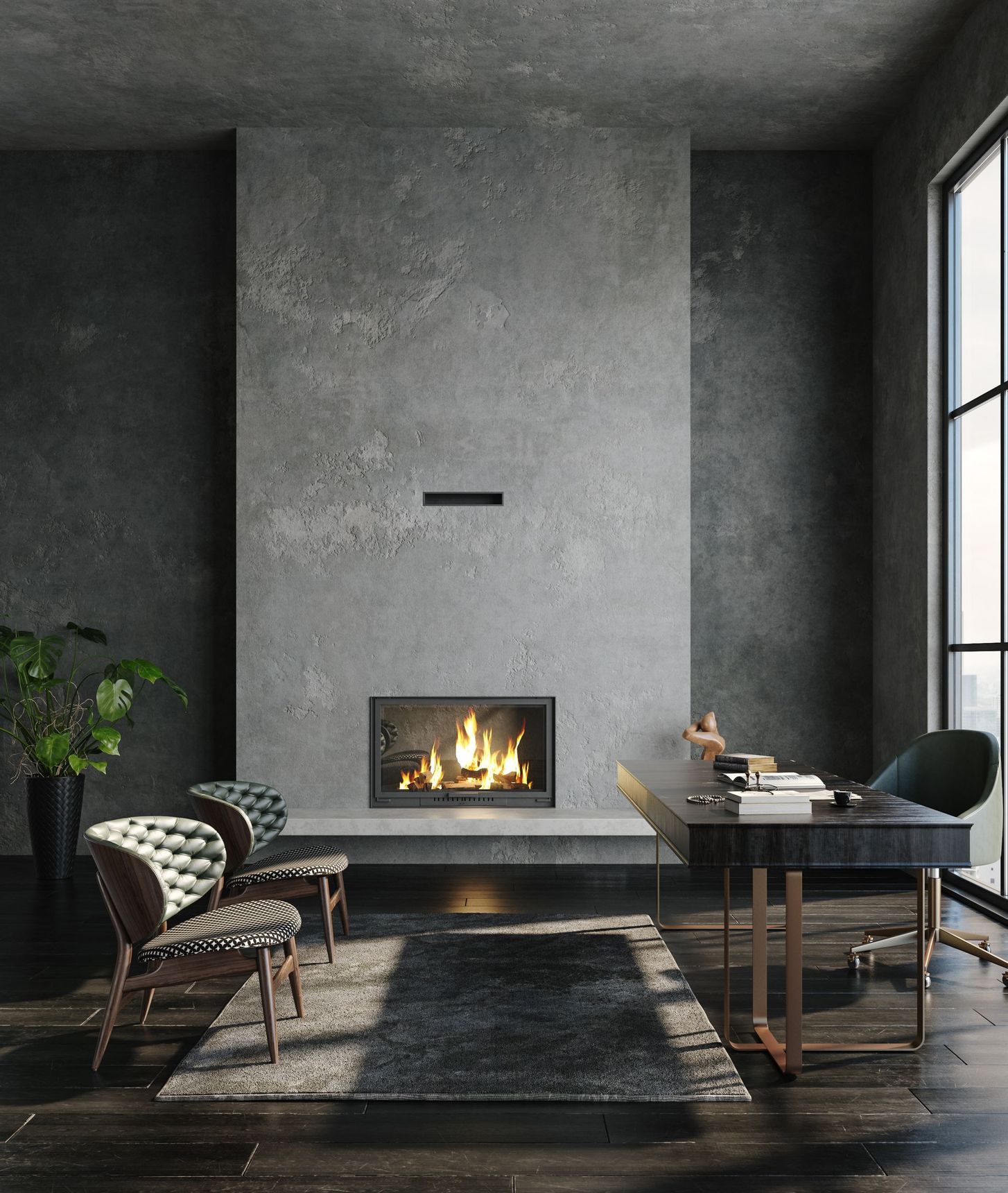 Modern living room with a concrete fireplace and dark hardwood floors
