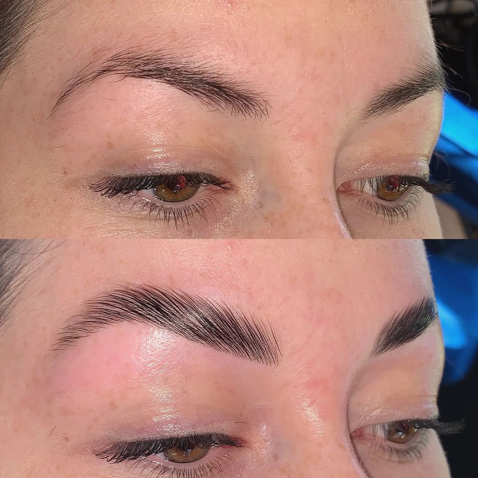 Before-and-after of eyebrows; top shows sparse brows, bottom shows filled-in, defined brows. Skin appears slightly red.