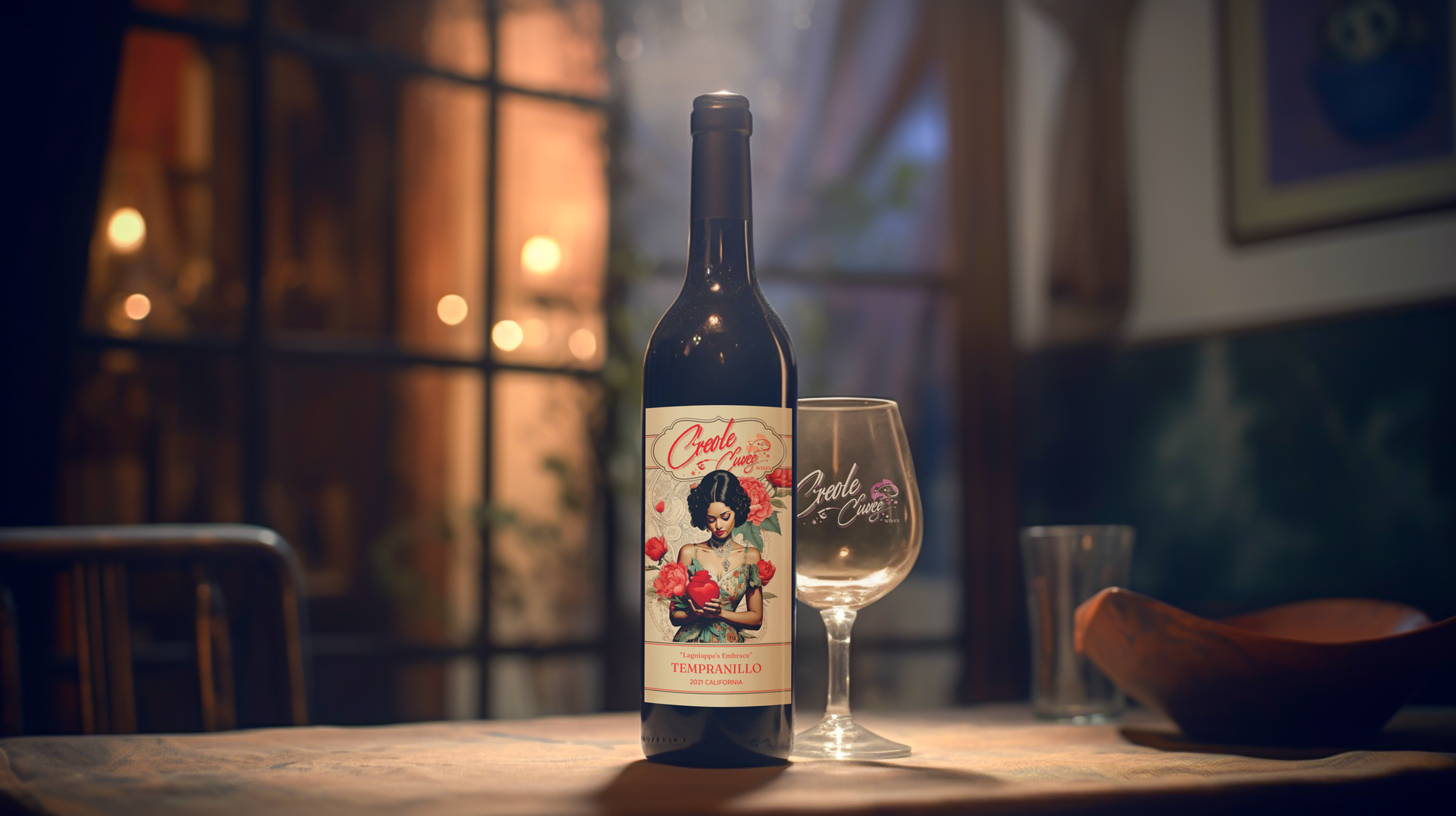 Wine bottle and glass on table, dimly lit room. Bottle has label with woman and flowers.