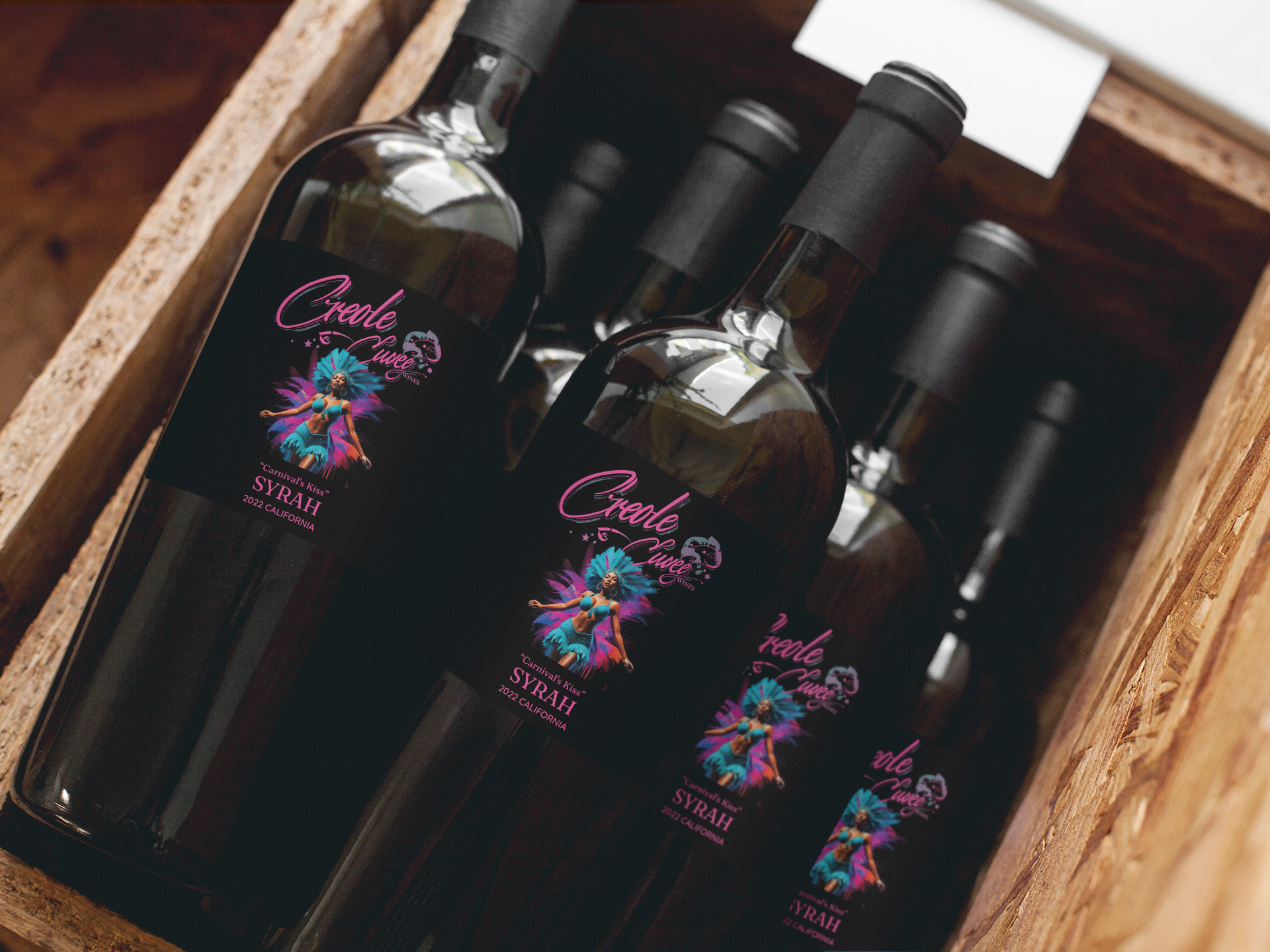 Wine bottles in wooden crate, labels show